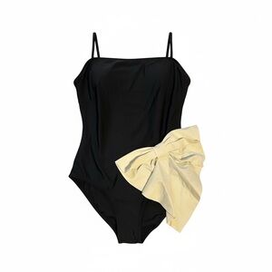 Black One-Piece Swimsuit with Cream Bow Accent
